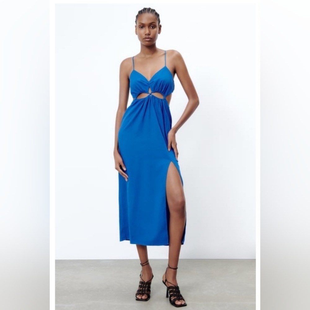 Zara Cobalt Linen Blend Cut Out Midi Dress. Size XS.
